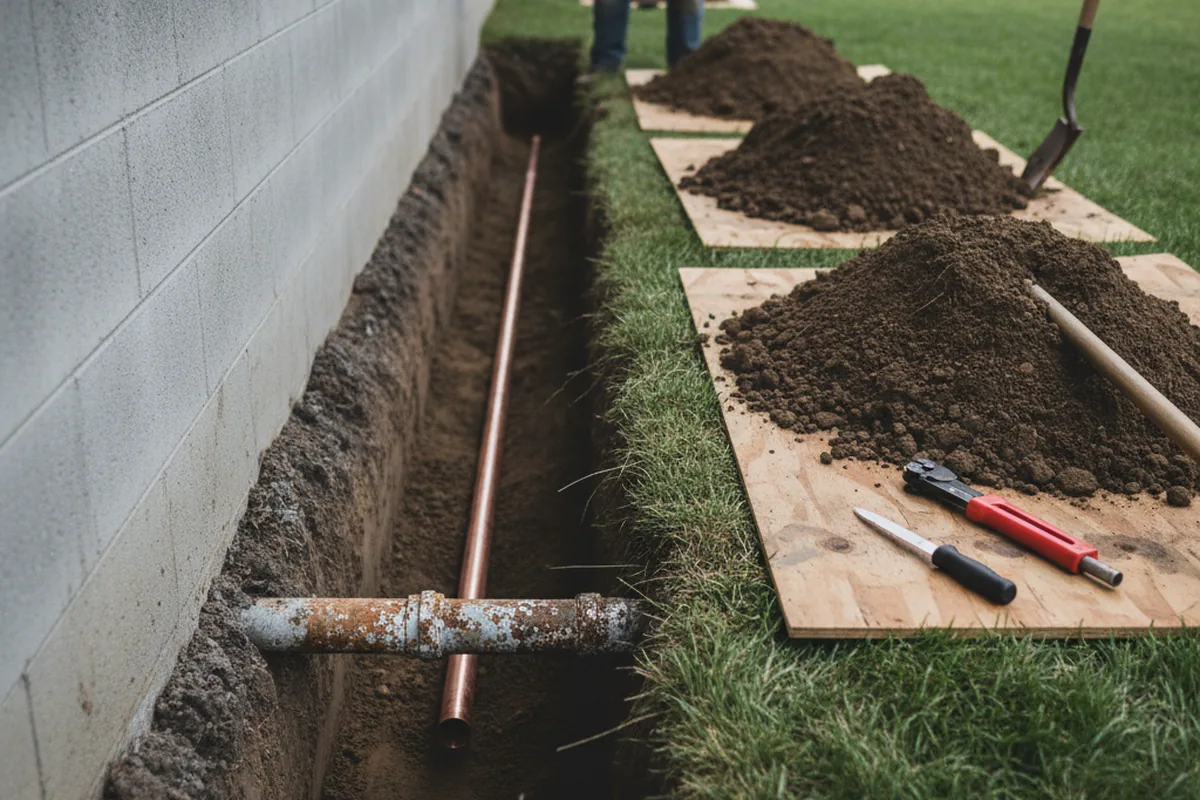 Excavated water line trench during Sewer Line Repair in Lutz